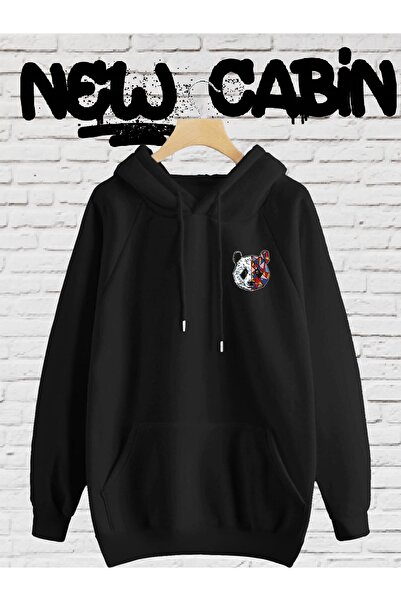 NewCabin هودي بغطاء للرأس من القطن الأسود مطبوع عليه طوكيو باندا للجنسين من ن...