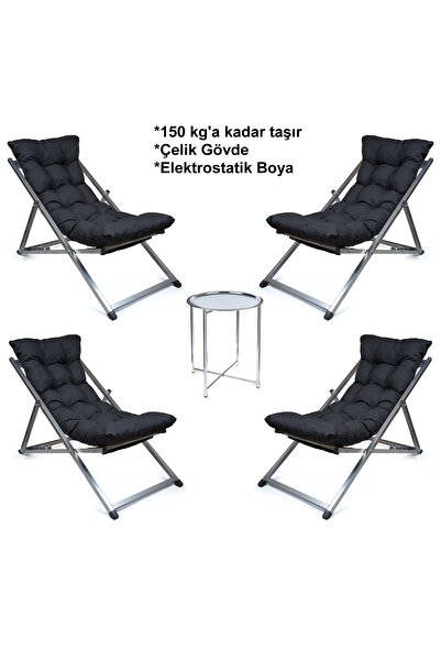 HUNDEMİR Minderli - Zimy Şezlong Seti Katlanır Dörtlü Set - 4 Şezlong 1 Sehpa