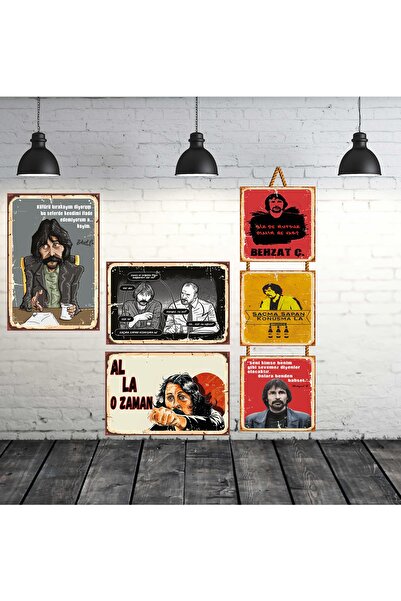 TAKIFİX Behzat Ç. Küfürü Bırakayım Diyorum Seti 3 Adet 20x30 Cm 3 Adet 15x15 Cm Retro Ahşap Tablo