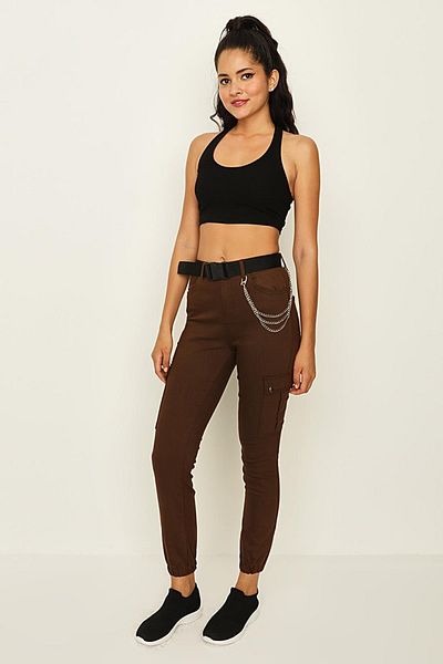 Select Moda Women's Brown Belted Cargo Pants with Elastic Legs