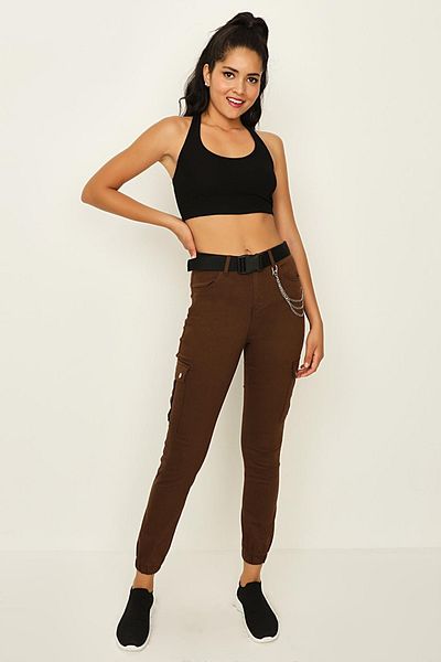 Select Moda Women's Brown Belted Cargo Pants with Elastic Legs
