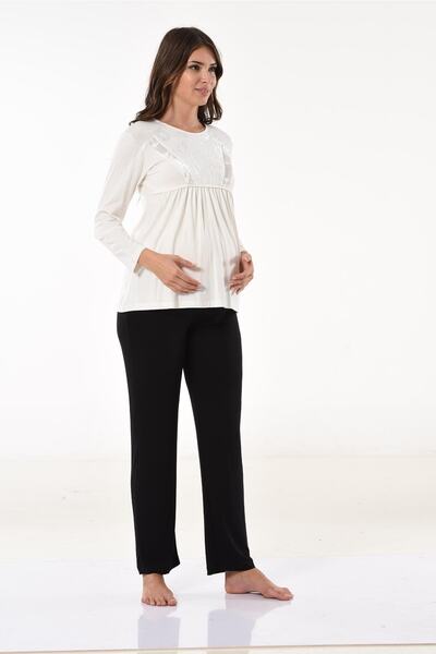 Miss Dünya Lissa Salmon Black Patterned Velvet Dressing Gown Maternity and Maternity Pajama Set