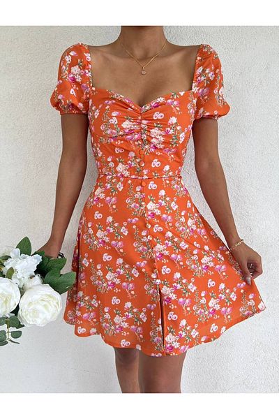 dükkan10butika Rochie de vară slim fit, cu nasturi, cu model floral, portocaliu