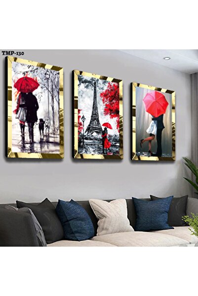 Zevahir Mobilya Dekorasyon Set de masă din MDF Paris Loves cu cadru din plexiglas cu oglindă aurie