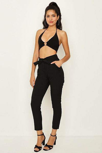 Select Moda Women's Black Belted Ankle Length Cigarette Pants