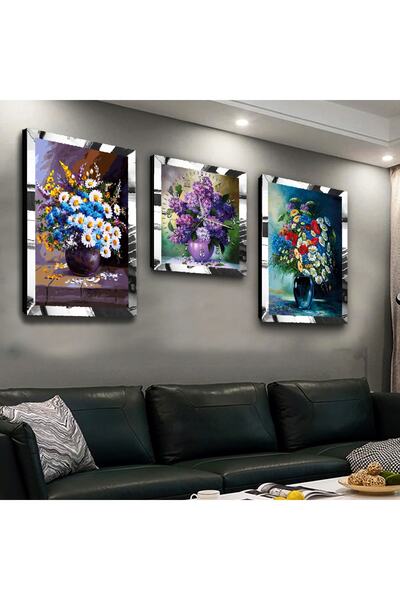 Zevahir Mobilya Dekorasyon Gümüş Aynalı Pleksi Çerçeveli Çiçekli Vazo Üçlü Md...