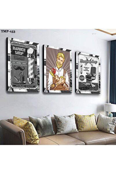 Zevahir Mobilya Dekorasyon Gümüş Aynalı Pleksi Çerçeveli Erkek Berberi Üçlü M...