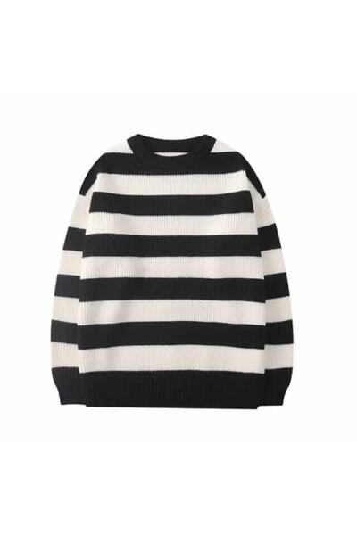 Touz Moda Unisex Oversize Streetwear Sweater - Black and White Striped