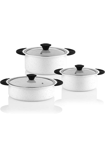 Taç Trio 6 Piece White Silicone Handle Granite Pot Set - Tac-3476