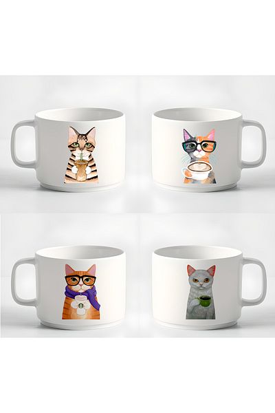 GünayStore Double Turkish Coffee Cup & Espresso Coffee Drinking Cats 4-Piece Cup Set Mug 180 Ml