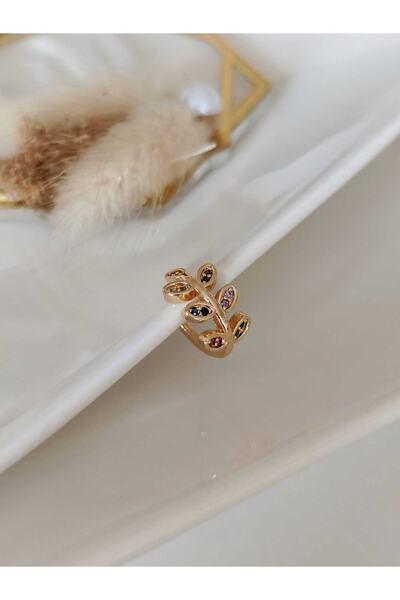 SU PERİSİ TAKI BİJUTERİ Gold Renkli Taşlı Yaprak Earcuff   Kıkırdak Küpe