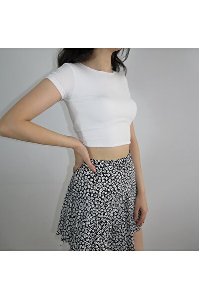 MOONSTONE Kadın Sırt Dekolteli Çapraz Bağcıklı Crop T-shirt Beyaz