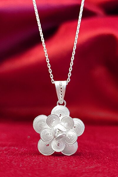 Aykat Çiçek Modeli El Işi Telkari Gümüş Kadın Kolyesi 925 Ayar Uc-525