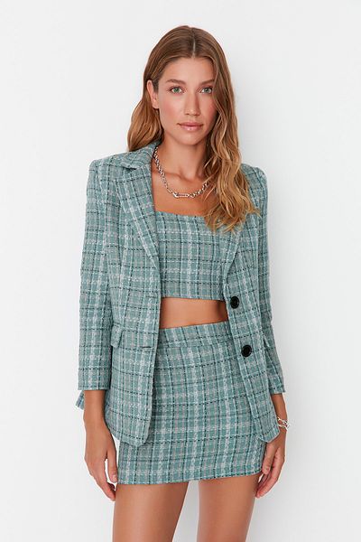 Trendyol Collection Mintfarbene, karierte Webjacke mit regulärem Futter und Karomuster TWOAW23CE00094