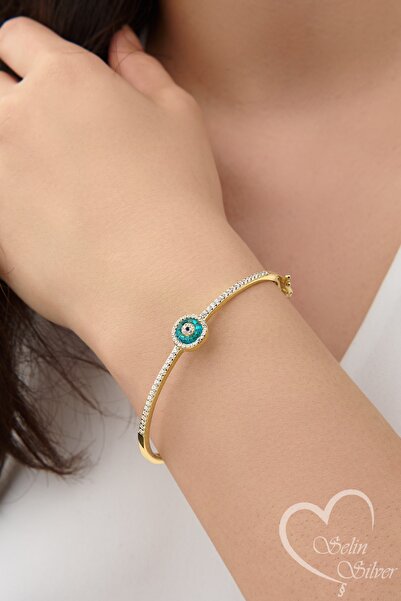 SS Selin Silver Nazar Boncuğu Taşlı Kelepçe Gold Renk 925 Ayar Gümüş Bileklik