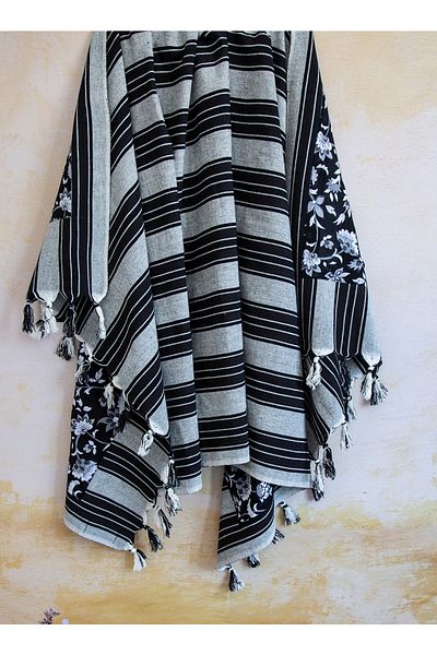 tasarımhikayecisi Black Flower and Striped Patterned, Double Sided Peshtemal and Beach Towel