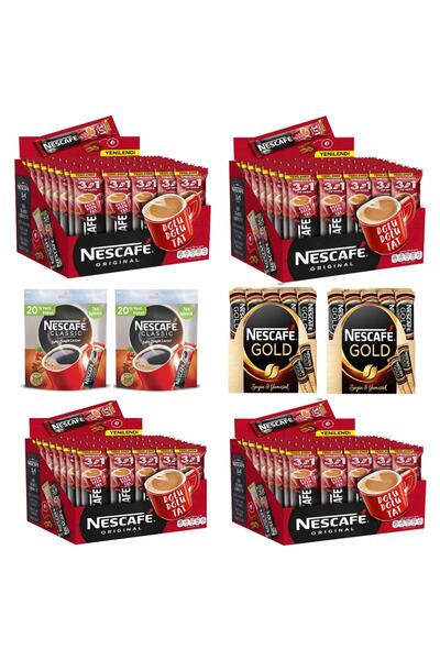 Nescafe Üçü Bir Arada 48'li 4 Paket Stick Kahve Sade, Gold 20li Kahve 4 Paket