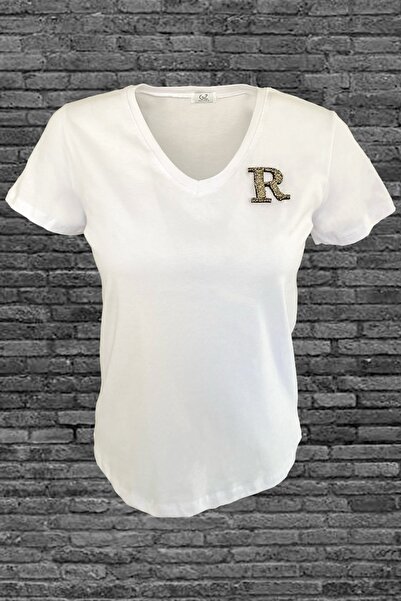 GZ Design Silver 'r' Letter Embroidered V-collar White T-shirt