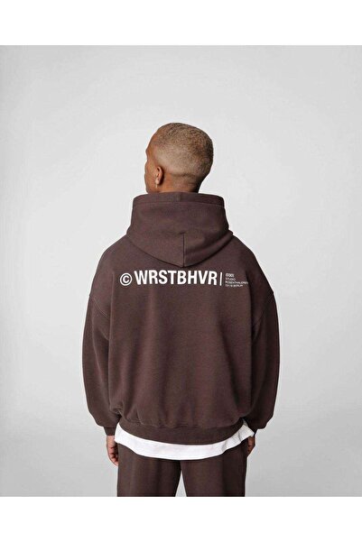 Benisengiydir Men's Brown Wrst Bhvr Back Printed Oversize Hooded Sweatshirt