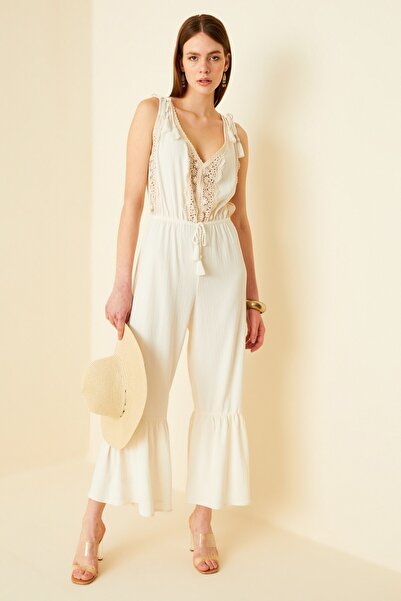 Hanna's by Hanna Darsa Kadın Krem Dantel Garnili Kolsuz Örme Tulum