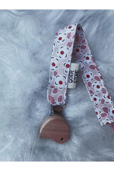 GOER STORE Natural Wooden 100% Cotton Pacifier Hanger with Bird Detail and Pink Flowers