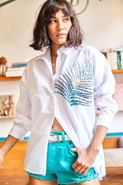 Olalook Kadın Beyaz Palmiye Pul Detaylı Oversize Dokuma Poplin Gömlek GML-19001016