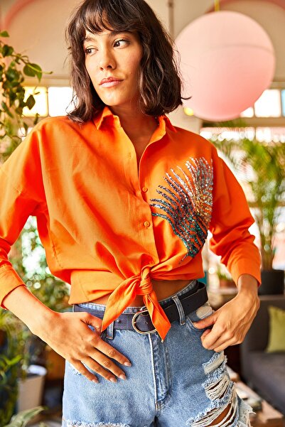 Olalook Cămașă oversize din popelin țesut cu paiete de palmier portocaliu pentru femei GML-19001016