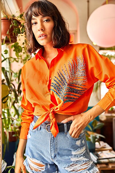 Olalook Cămașă oversize din popelin țesut cu paiete de palmier portocaliu pentru femei GML-19001016