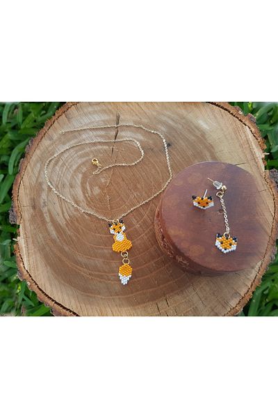 SEARD Miyuki Bead Handmade Fox Necklace and Earring Set