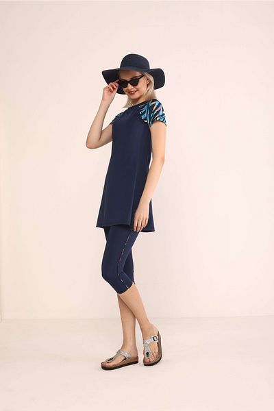 TESMAY Women's Navy Blue Short Sleeve Hijab Swimsuit with Tights and Bonnet Set Short Sleeve Swimsuit