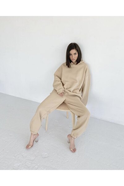 AFROGİYİM Women's Oversize Puff Beige Unprinted Tracksuit Set