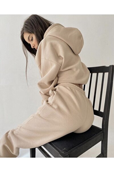 AFROGİYİM Women's Oversize Puff Beige Unprinted Tracksuit Set