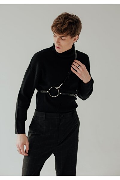 Sweet Demon Black Men's Leather Belt - Large Ring and Thin Strip Detailed Accessory