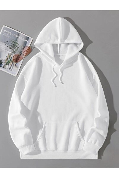 trendgar Λευκή κουκούλα Unisex Oversize φούτερ - 3 κλωστές