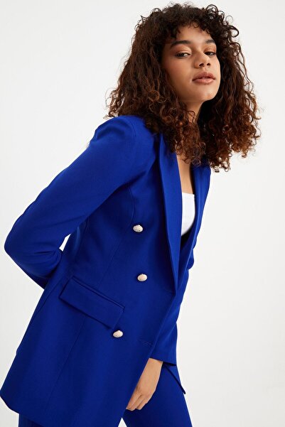 Genel Markalar Düğmeli Sahte Cepli Blazer Ceket Boru Paça Kemerli Cepli Esnek...