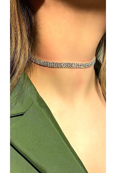 UBUH SHOP Zirkon Taşlı Kadın Üç Sıra Su Yolu Choker Kolye Abiye Gelin
