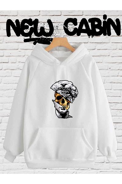 NewCabin Νέα σεζόν Unisex Skull Sculpture με εμπριμέ λευκό βαμβακερό καγκουρό κουκούλα τσέπης