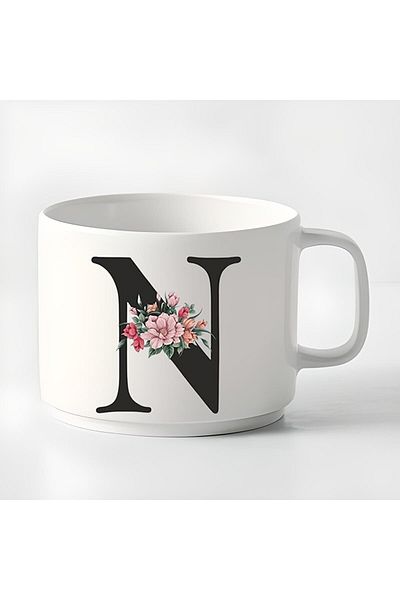 GünayStore Double Turkish Coffee Cup & Espresso N Initial Small Mug 180 Ml