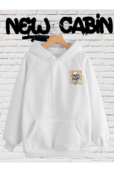 NewCabin New Season Unisex Skull Greed εμπρός-πίσω με στάμπα λευκό βαμβακερό καγκουρό με κουκούλα τσέπης