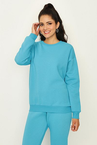 Select Moda Hanorac tricotat de bază cu șal turcoaz pentru damă