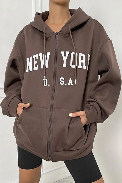 MODAGEN Unisex hnědý oversize cardigan New York s potiskem