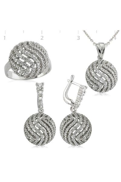 Gumush Gümüş Yuvarlak Zirkon Taşlı Bayan Set