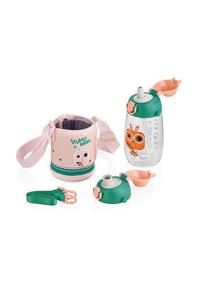 Uzspace Children's Covered Tritan Water Bottle with 2 Separated Lids and Straw 480ml