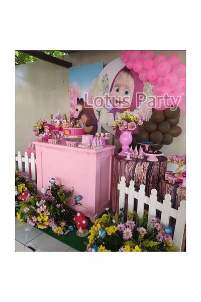 LOTUS PARTY Bucket Bear Themed Balloon Set with 30 Tongs - ( Pink - Brown Balloon )