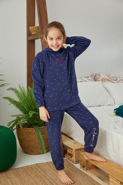 Siyah İnci Top-bottom Polar Embroidered Hooded Pajama Set Navy Blue