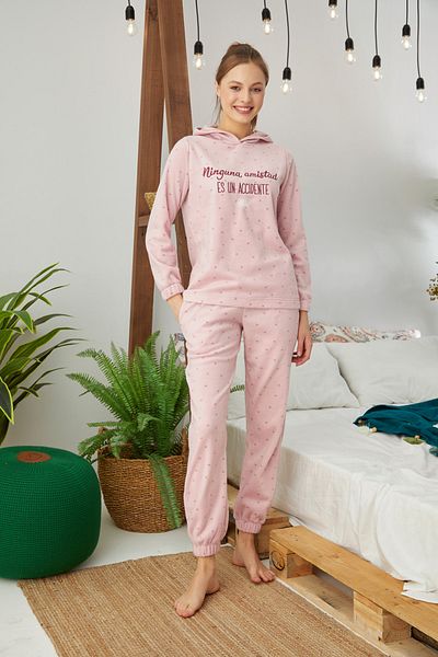 Siyah İnci Bottom-Top Polar Embroidered Hooded Pocket Pajama Set