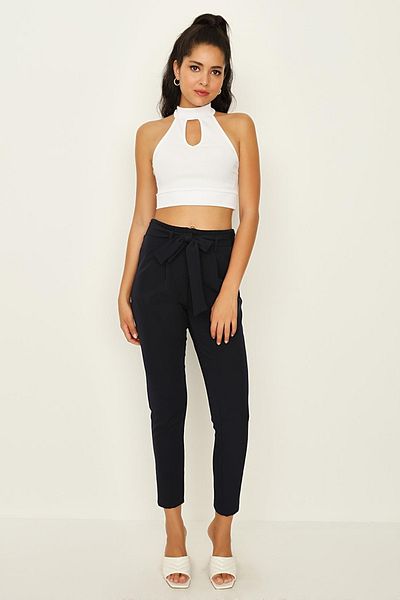 Select Moda Women's Navy Blue Belted Ankle Length Cigarette Pants