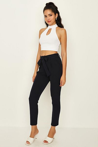 Select Moda Women's Navy Blue Belted Ankle Length Cigarette Pants