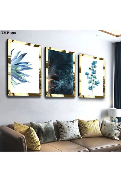 Zevahir Mobilya Dekorasyon Set de masă din MDF triplu cu flori albastre cu ca...