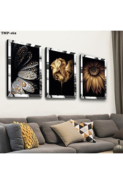 Zevahir Mobilya Dekorasyon Gümüş Aynalı Pleksi Çerçeveli Çiçek Üçlü Mdf Tablo...